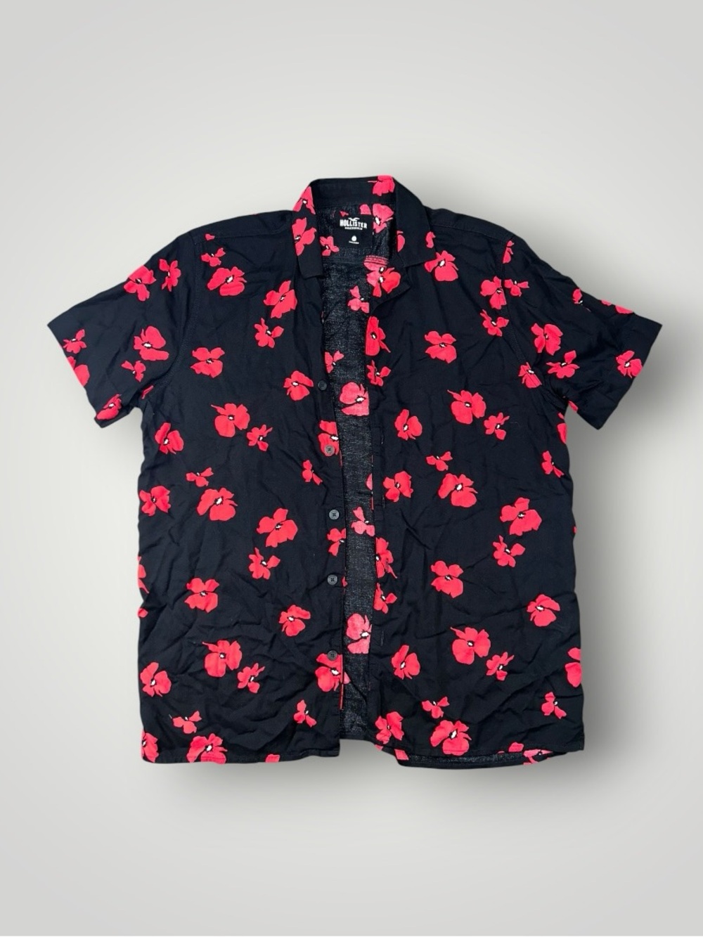 Hollister Black Short-Sleeve Button-Down with Red Floral Print